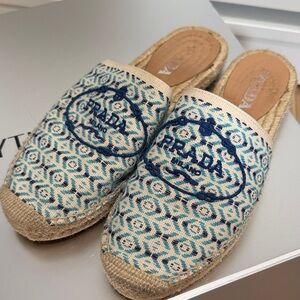Prada Beige and Blue Espadrille Mules